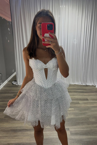 Cute A Line Sweetheart White Black Dot Tulle Homecoming Dress AB26070701