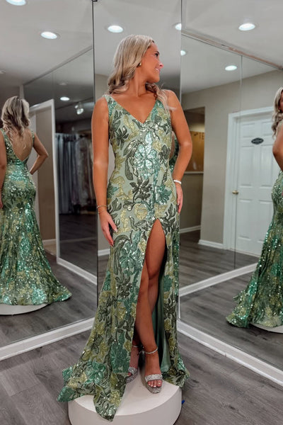 Sparkly Mermaid V Neck Sage Green Sequin Lace Long Prom Dress with Slit AB25112506
