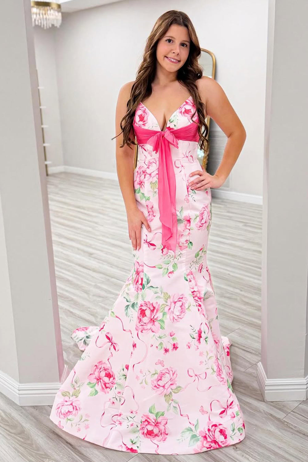 Mermaid V Neck Pink Floral Satin Prom Dress with Bow AB25112505
