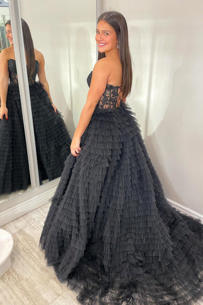 Strapless Black Ruffle Tiered Tulle Long Prom Dress with Appliques AB4042502