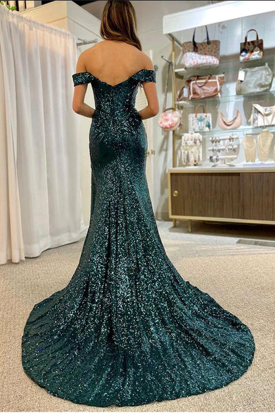 Cute Mermaid Off the Shoulder Dark Green Sequins Long Prom Dresses with Detachable Shoulder Strap AB082406