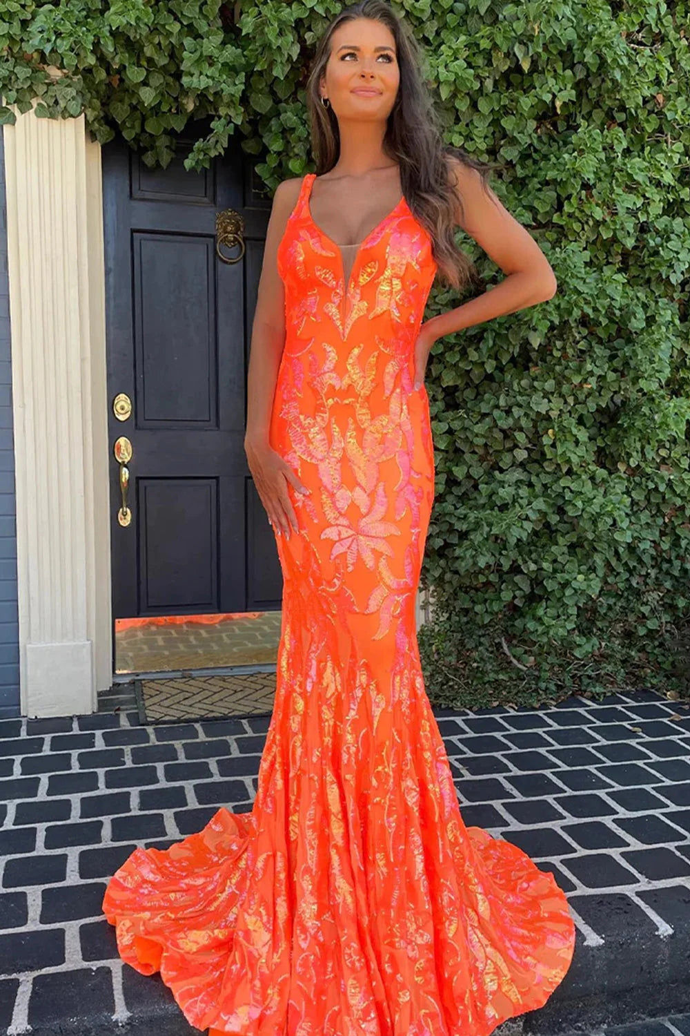 Charming Mermaid V Neck Orange Sequins Prom Dresses AB121505