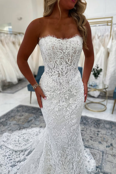 Elegant Mermaid Strapless Lace Beach Wedding Dress AB26062118