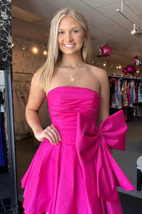 Cute A Line Strapless Hot Pink Satin Short Homecoming Dresses with Bow AB082505