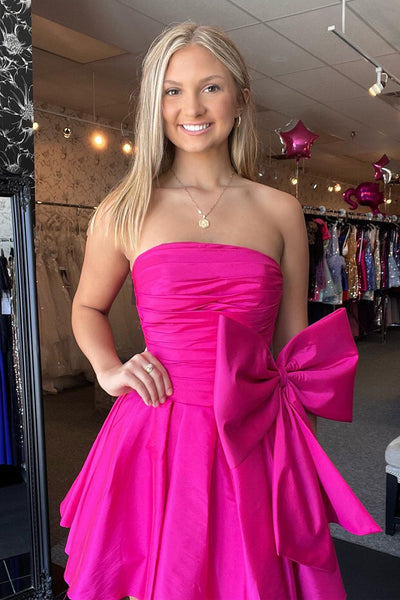 Cute A Line Strapless Hot Pink Satin Short Homecoming Dresses with Bow AB082505