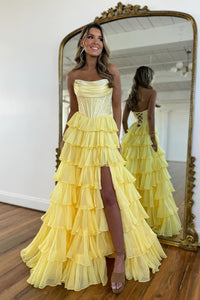 A-Line Strapless Yellow Ruffle Tiered Long Prom Dresses with Beadings AB25032405