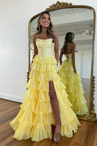 A-Line Strapless Yellow Ruffle Tiered Long Prom Dresses with Beadings AB25032405