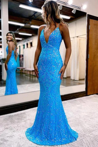 Charming Mermaid V Neck Blue Sequins Long Prom Dress AB24111417