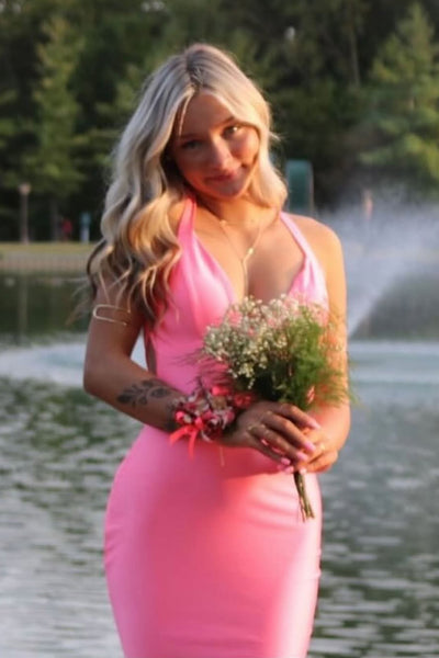 Charming Mermaid V Neck Hot Pink Elasitc Satin Prom Dress AB25092705