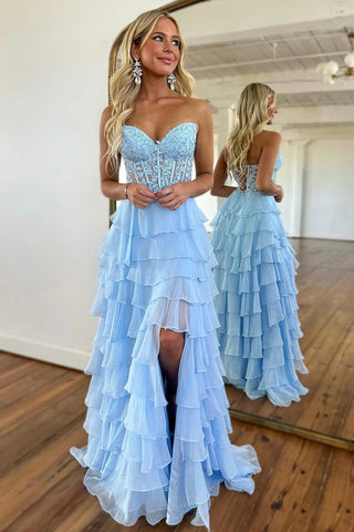 Cute A-Line Strapless Light Blue Ruffle Tiered Chiffon Long Prom Dress AB4033002