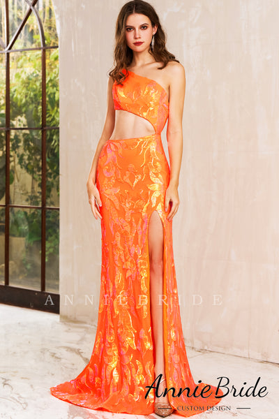 Cute Mermaid One Shoulder Orange Sequin Long Prom Dress with Slit AB4010502