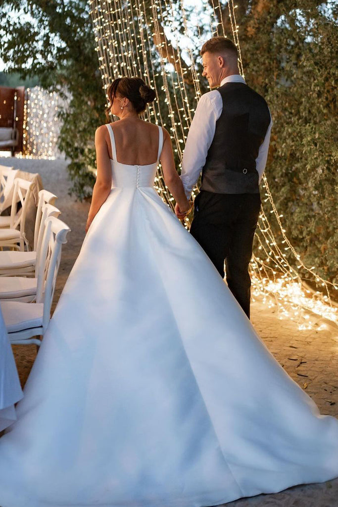 Modern A Line Square Neck Satin Long Wedding Dresses with Slit AB24100 Anniebride Modern A Line Square Neck Satin Long Wedding Dresses with Slit AB24100 Anniebride