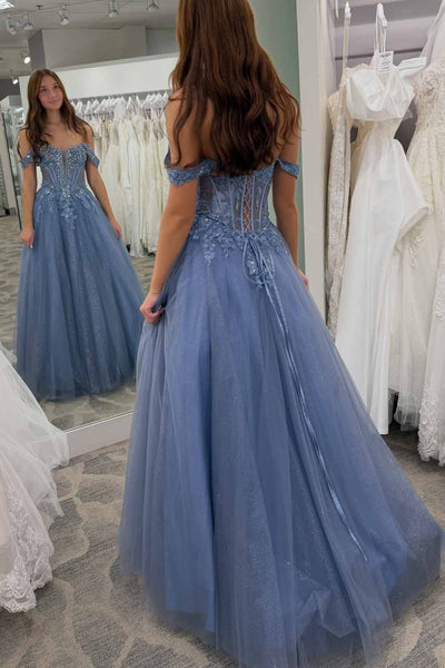 Fairy A Line Off the Shoulder Dusty Blue Tulle Prom Dress with Appliques AB26102904