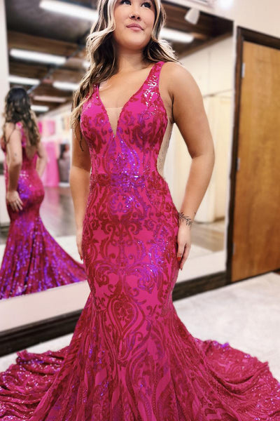 Charming Mermaid V Neck Fuchsia Sequins Lace Long Prom Dress AB4021005