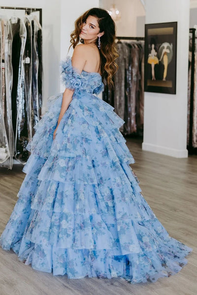 Blue Floral Tiered A-Line Long Prom Dress with Ruffles AB4042802