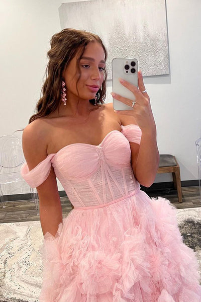 Gorgeous Ball Gown Off the Shoulder Pink Tulle Prom Dresses with Slit AB082407