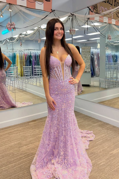 Cute Sweetheart Light Purple Mermaid Sequins Lace Prom Dress AB26032606