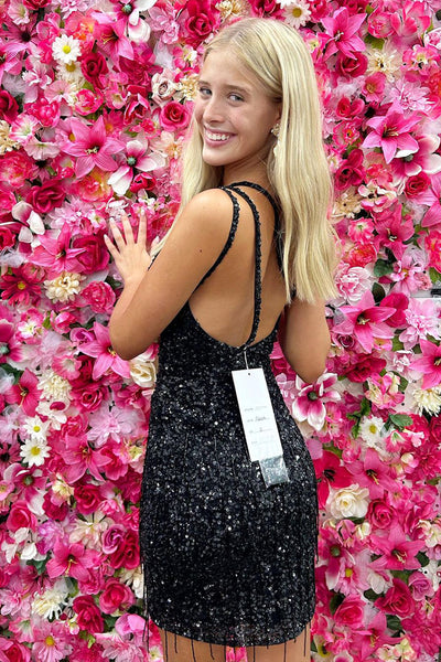 Cute Bodycon One Shoulder Black Sequins Short Homecoming Dresses with Beading AB082601