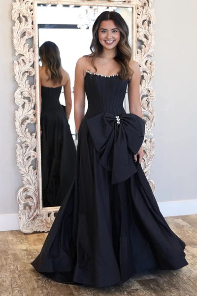 A Line Scoop Neck Black Satin Prom Dress with Bow AB25121510
