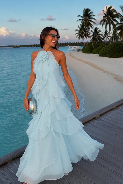 Sheath Halter Light Blue Long Tiered Maxi Dress AB26070716