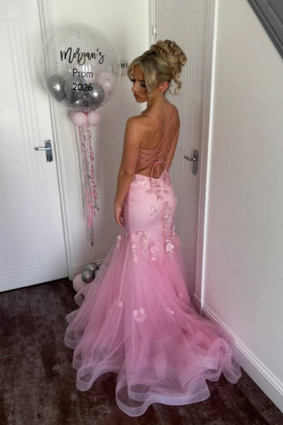 Mermaid Scoop Neck Pink Tulle Long Prom Dress AB26062803