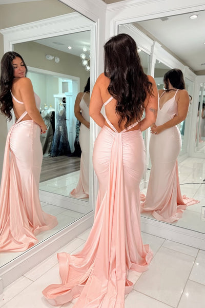 Mermaid V Neck Pink Stretch Satin Long Prom Dress AB25102106