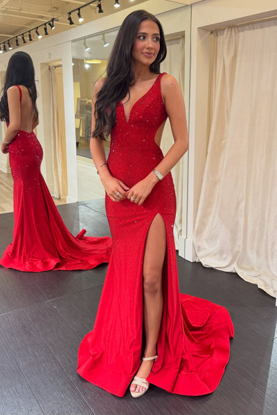 Sparkly Mermaid V Neck Red Hot Fix Satin Prom Dress with Slit AB26012909