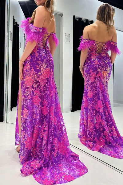 Mermaid Off the Shoulder Sequins Lace Mermaid Long Prom Dress with Slit AB4042503
