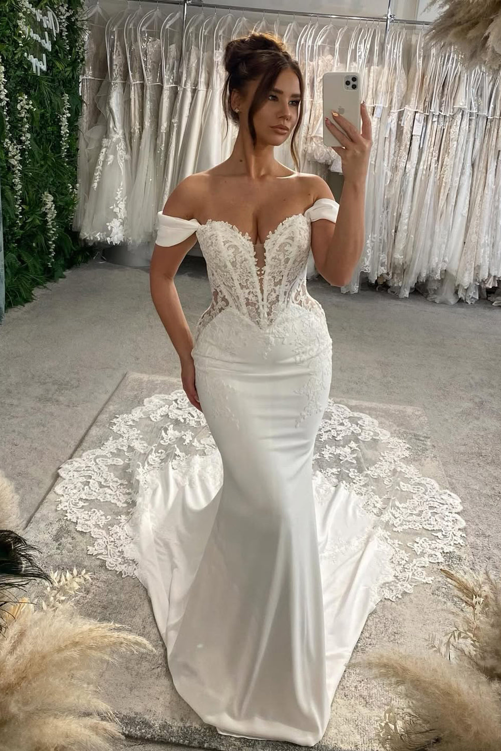 Elegant Off the Shoulder Mermaid Satin Wedding Dress with Appliques AB25102109