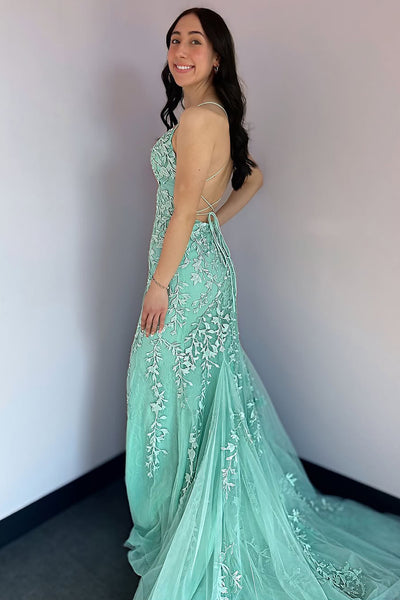 Meramid Scoop Neck Mint Lace Prom Dress with Appliques AB25031505