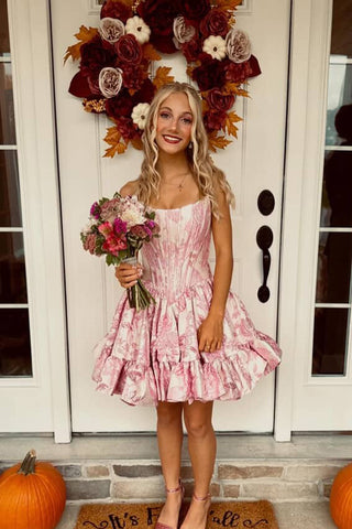 Cute A Line Scoop Neck Blush Pink Jacquard Satin Short Homecoming Dress AB25100610