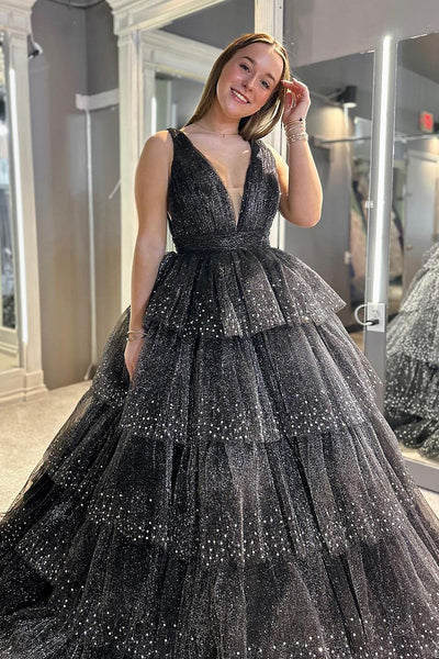 Sparkly A Line V Neck Lavender Ruffle Tiered Long Prom Dress with Beading AB4032202