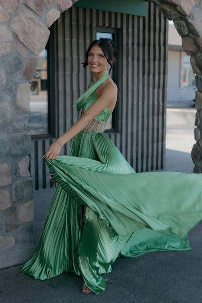Stunning A Line Hatler Neck Green Pleant Satin Prom Dress with Beading AB26041708