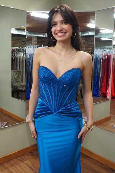 Charming Mermaid Sweetheart Royal Blue Prom Dress with Hot Fix AB26012411
