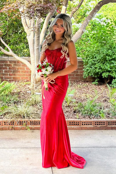 A Line Scoop Neck Red Satin Hot-fix Rhinestones Prom Dress with Slit AB26042110