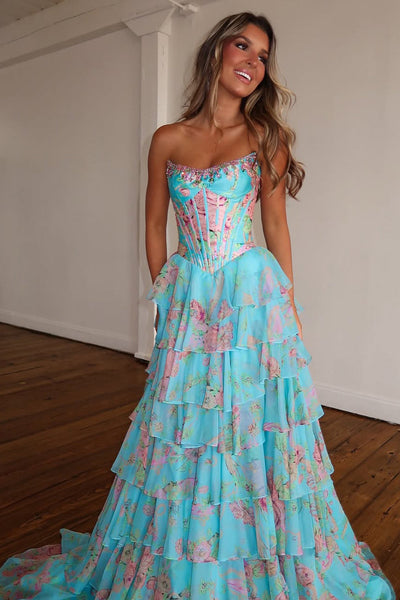 New Arrival A Line Scoop Neck Floral Chiffon Prom Dress with Beading AB16122803