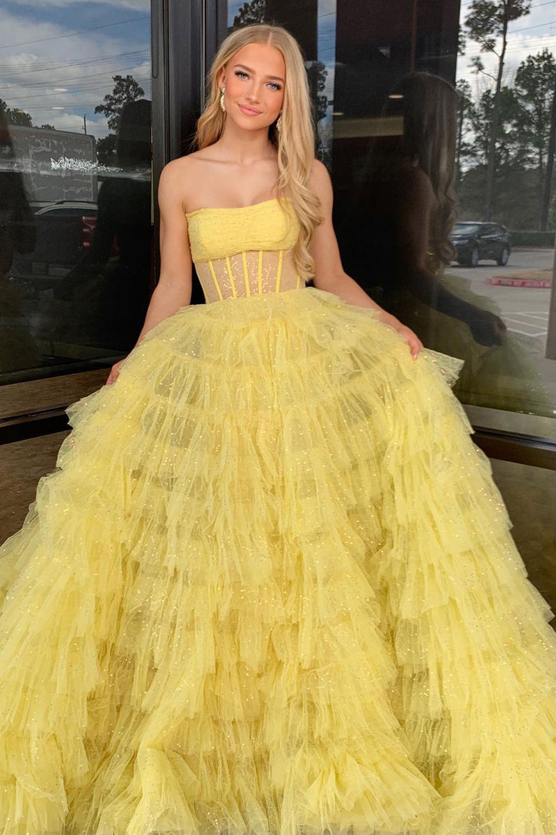 A-Line Strapless Yellow Sequins Tulle Long Prom Dresses AB4030701