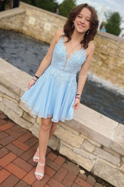 Cute A Line V Neck Light Blue Chiffon Homecoming Dresses with Appliques AB102305
