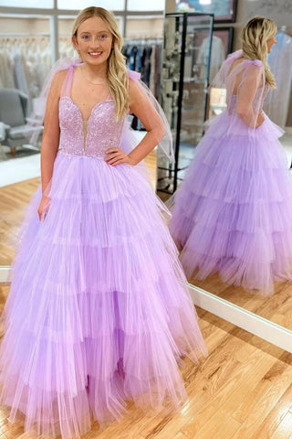 Princess A Line Spaghetti Straps Lilac Long Prom Dress with Appliques Ruffles AB4031302