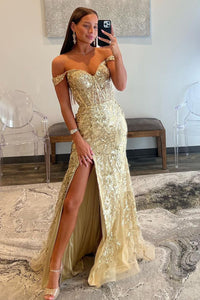 Charming Mermaid Sweetheart Gold Sequins Long Prom Dresses with Slit AB102303