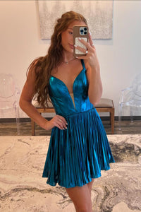 Cute A-Line V Neck Peacock Blue Pleated Satin Short Homecoming Dresses AB24082702