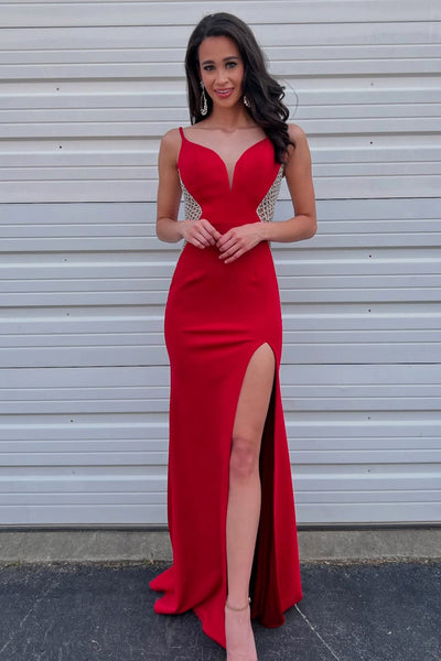 Charming Mermaid V Neck Red Satin Slit Prom Dress with Beading AB05052903