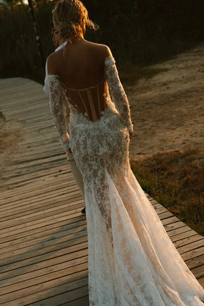 Bohemian Mermaid Off-Shoulder Lace Wedding Dress with Sleeves AB26061411