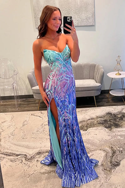 Cute Mermaid V Neck Multicolor Sequin Long Prom Dress with Slit AB26022601
