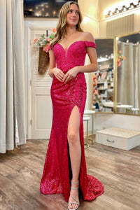 Charming Mermaid Off the Shoulder Fuchsia Red Sequins Long Prom Dress with Slit AB120805