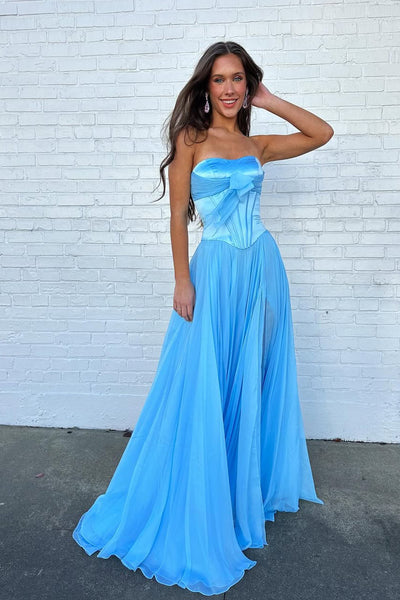 A Line Sweetheart Blue Chiffon Prom Dress with Bow AB25111408