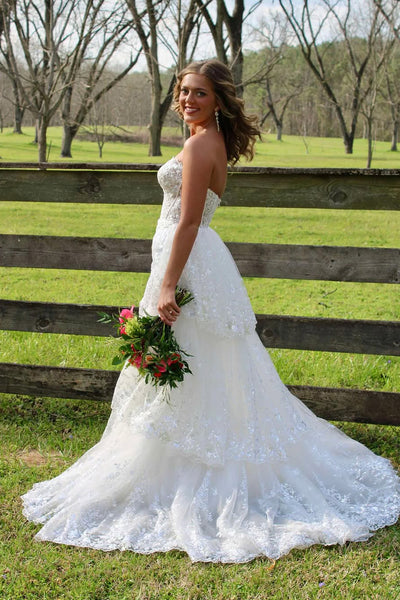 A-Line Strapless White Sequin Lace Ruffle Tiered Long Prom Dresses AB25032402