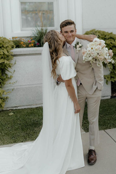 Fairy A Line V Scoop Satin Long Wedding Dresses with Ruffled Sleeves AB24101007