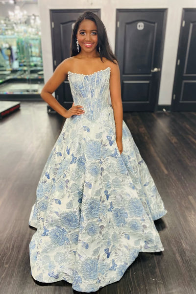 Cute A Line Scoop Neck Grey Light Blue Floral Satin Prom Dress AB26032205