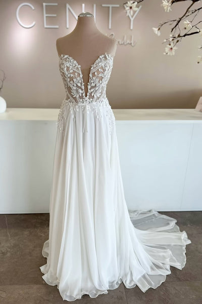 A Line Deep V Neck Chiffon Beach Wedding Dress with Appliques AB26060816